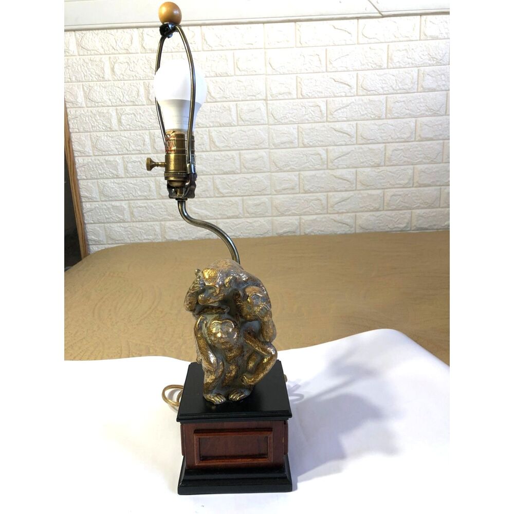 Vintage Bombay Co Three Wise Monkeys Brass Table Lamp See Hear Speak No Evil